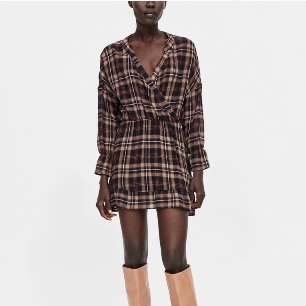 Zara Brown Plaid Ruffle Edge Dress